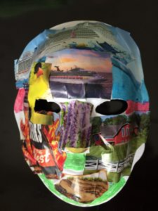 Unmasking Brain Injury mask collaged with magazine photos