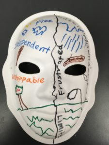Unmasking Brain Injury mask with text drawn on it