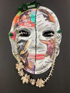 Unmasking Brain Injury mask with many photos and text collaged on