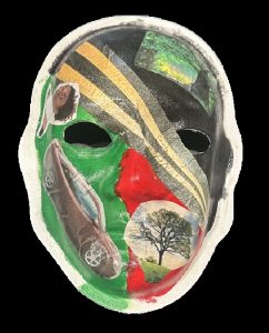 Unmasking Brain Injury mask with a car, tree, red, green and black sections